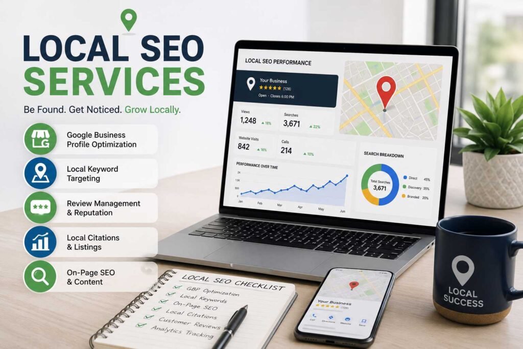 Local SEO services dashboard showing Google Maps visibility, business profile optimization, reviews, citations, and local ranking growth.